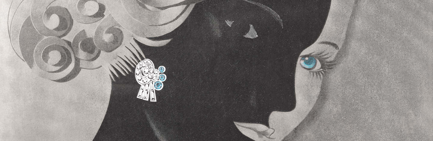 black and white illustration of a woman wearing diamond earrings